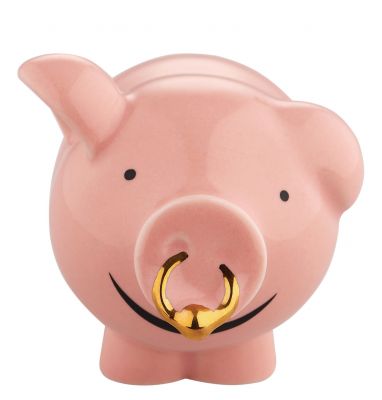 Rosa Porzellan-Sparschwein "Porcafortuna" von Alessi mit goldenem Nasenring und aufgemaltem Lächeln. Einzelstück.